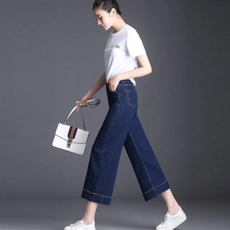 Женские джинсовые брюки до щиколотки синие свободные с высокой талией и широкими