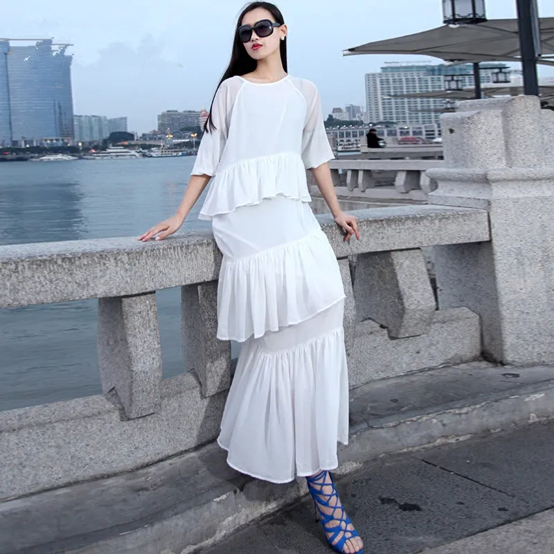 

Summer elegant Ladies O-neck half-seleeve cake dress maxi Long loose chiffon dresses with strokes Customize plus size 120 colors