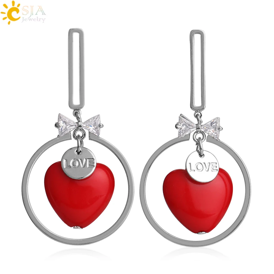 CSJA Korean Silver Color Stud Earrings Love Heart Stone Bow-knot Zircon Pendant Fashion Jewelry for Women Girls Charm Gifts G037 | Украшения