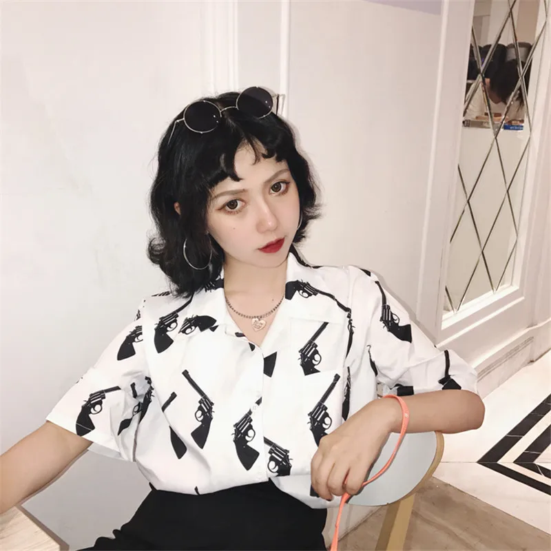 Летняя блузка с принтом пистолета женская Корейская одежда винтажная свободная