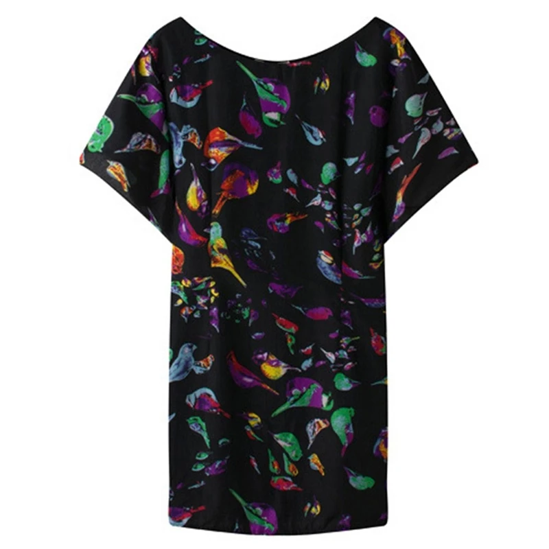 Мода 2017 г. ремень платье птица печати Круглый Воротник Bat рукава случайные