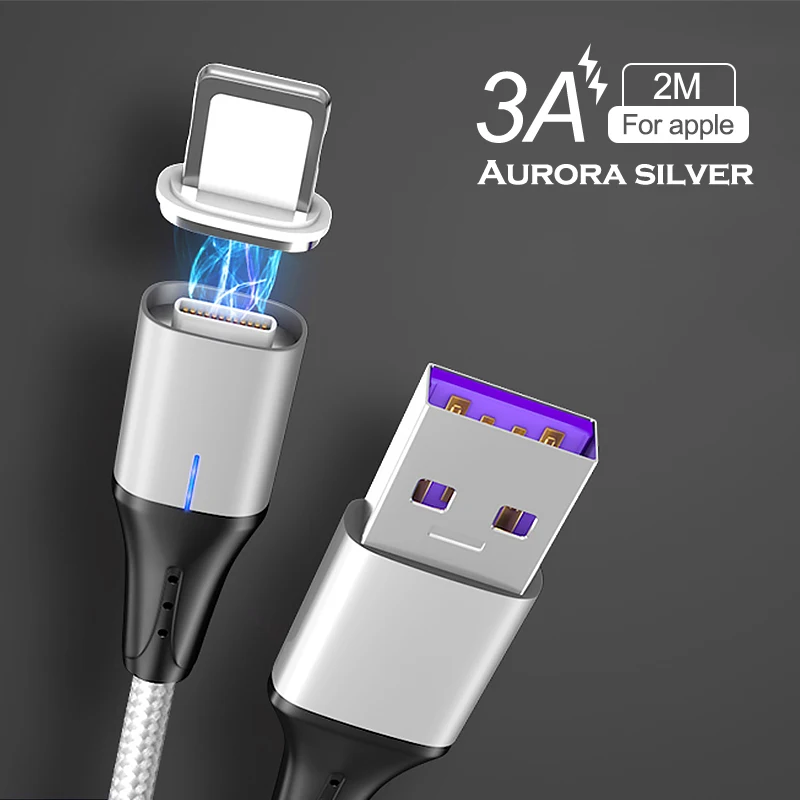 3A Silver For Apple Магнитный usb-кабель 3A 2 м для iPhone X, Магнитный зарядный кабель передачи данных для быстрой зарядки, кабель Micro USB type-C для samsung Xiaomi huawei - Цвет: 3A Silver For Apple