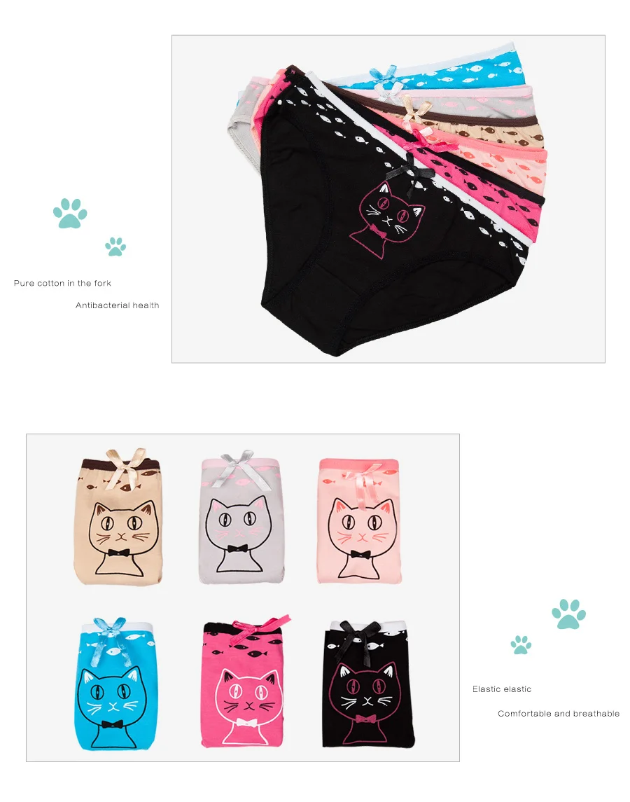 FUNCILAC нижнее белье Для женщин Kawaii с рисунком котенка Принт трусики сексуальные хлопковая трусы кошка рыба печати женского белья 5 шт