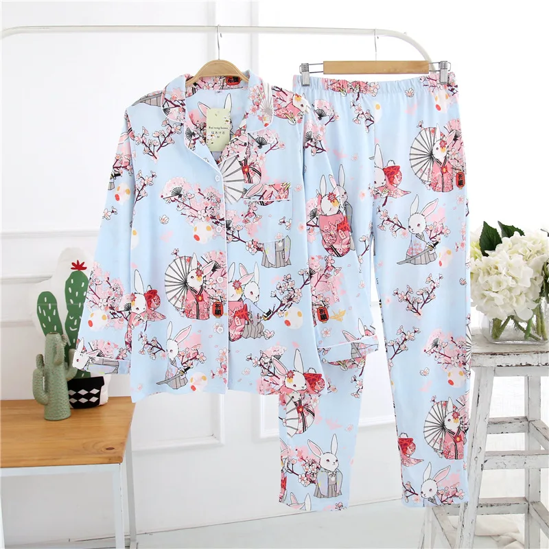 

Women Knitted Cotton Pijama set 2pcs Pink Autumn Spring Sleepwear Japanese Cartoon Praying Rabbits Printed Pajamas mujer