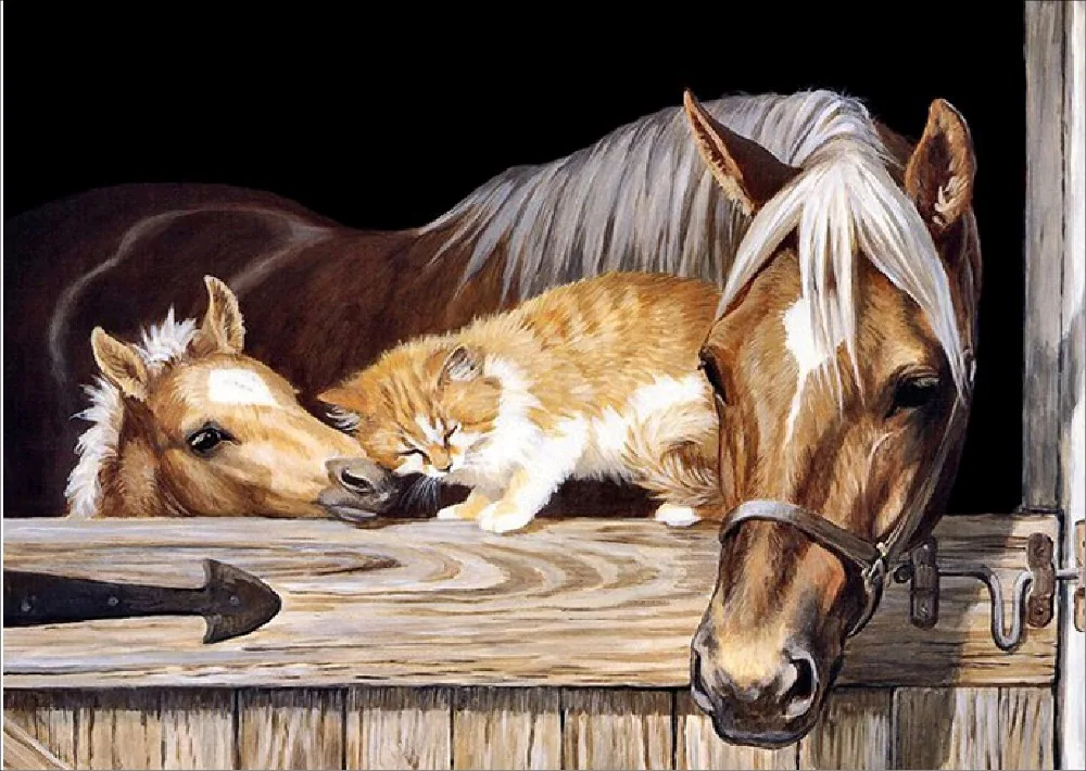 Horse Couple with Cat Snow Scene Animal 5d Diy Diamond Painting Digital Oil Embroidery Mosaic T6228 | Дом и сад