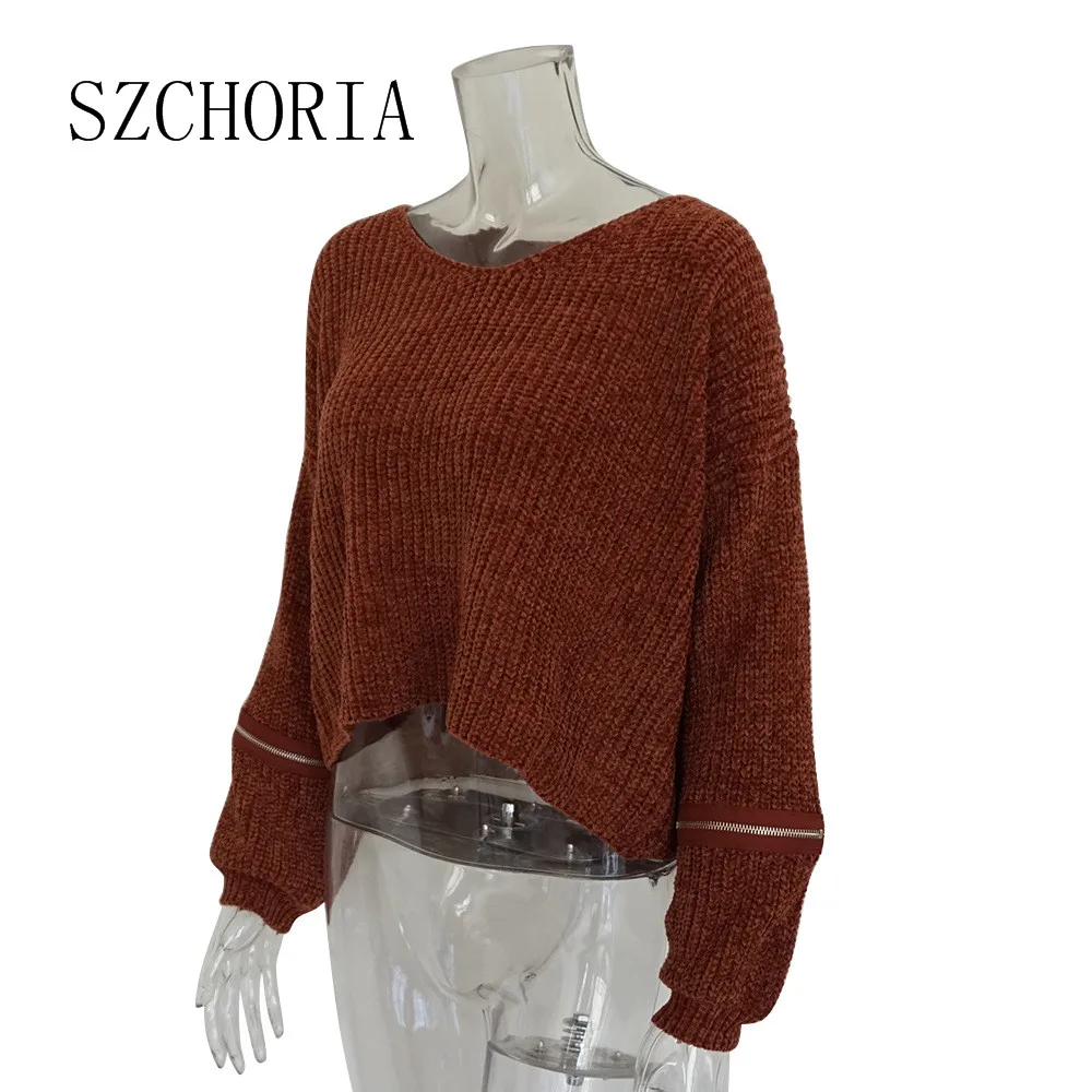 SZCHORIA New Fashion Sweater Women Sexy V Neck Zipper Long Sleeve Design Solid Color Loose Slim Knit | Женская одежда