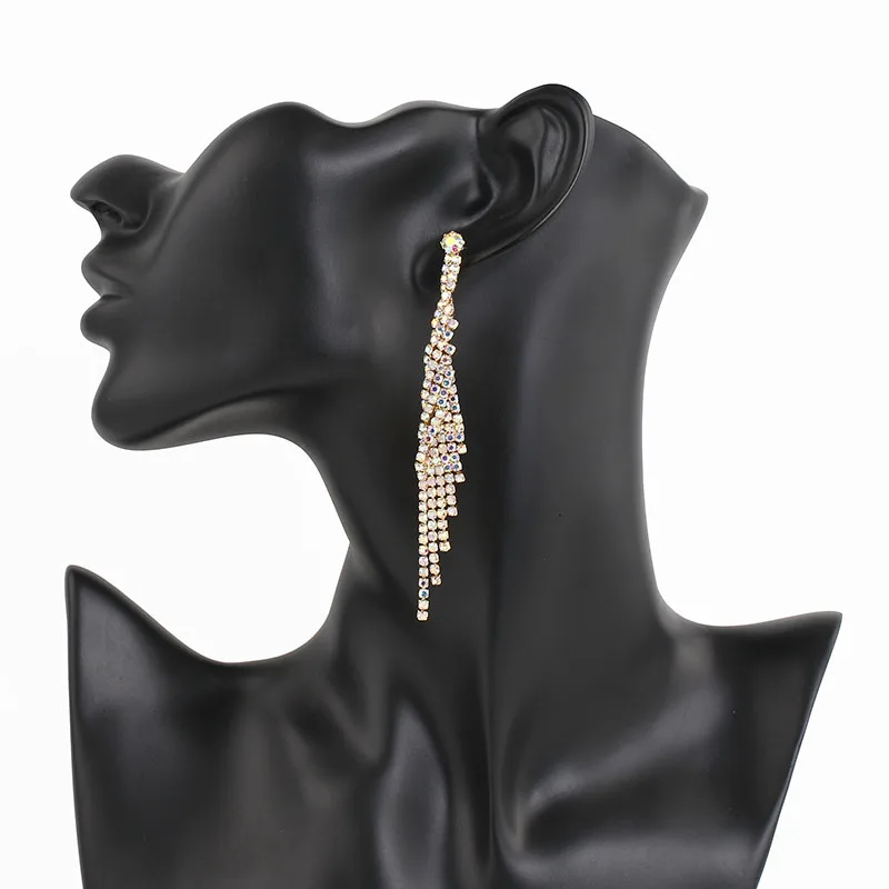 Женские Длинные свадебные серьги золотого цвета с кристаллами и кисточками разноцветные капли со стразами