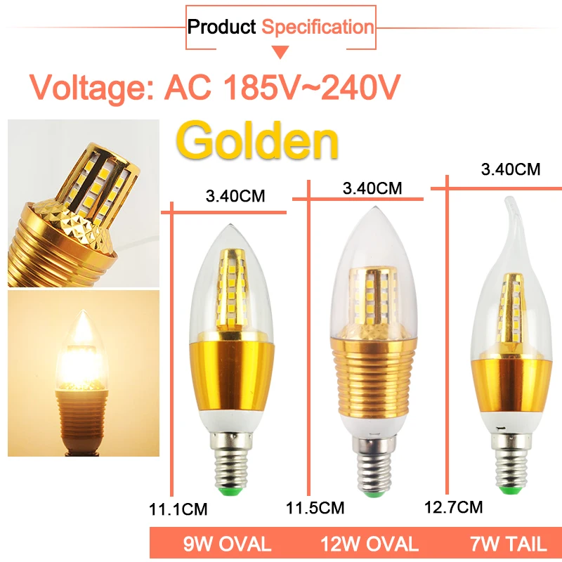1Pcs/6Pcs LED Bulb E14 Golden Aluminum Candle 9W 12W Light AC 220V Warm Led Lamp Lampada Bombillas Lumiere Lampara | Лампы и освещение