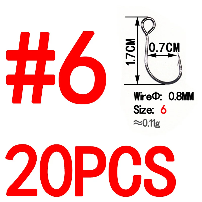 20pcs size 6 Bimoo 20 шт. для рыболовной приманки, запасной крючок, одиночные рыболовные приманки, крючки, встроенный крючок, большой глаз, Size2/0 1/0 1 2 4 6 8, острая Высокоуглеродистая сталь - Цвет: 20pcs size 6