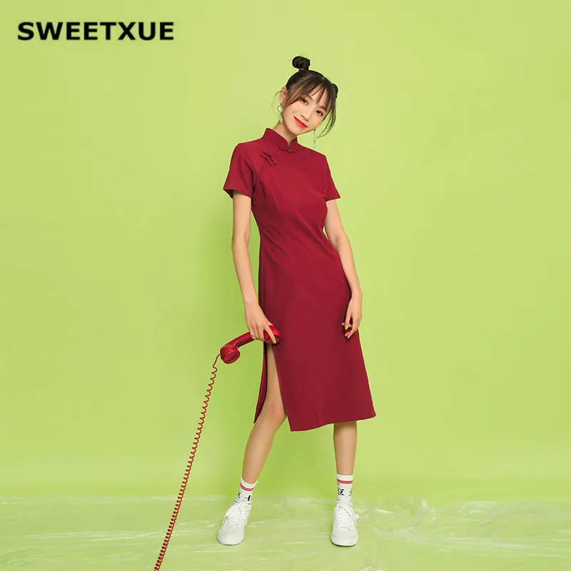 Женское платье миди SWEETXUE красное элегантное винтажное с воротником стойкой и
