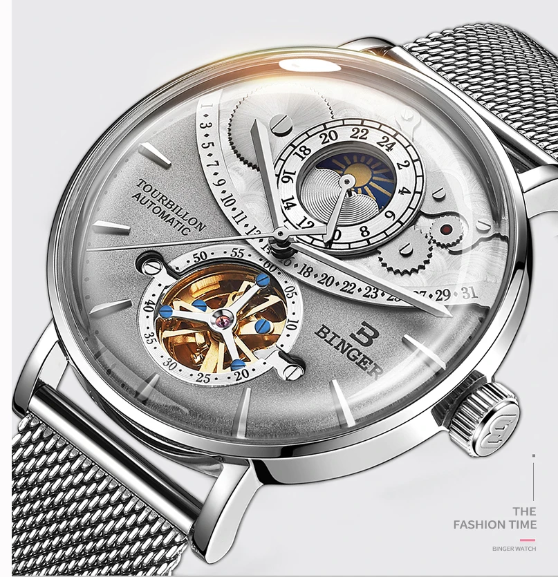 Водонепроницаемые 50 м Moon Phase Мужские часы Роскошные турбийон военные часы 24 часа сапфир повседневные автоматические механические часы Новые