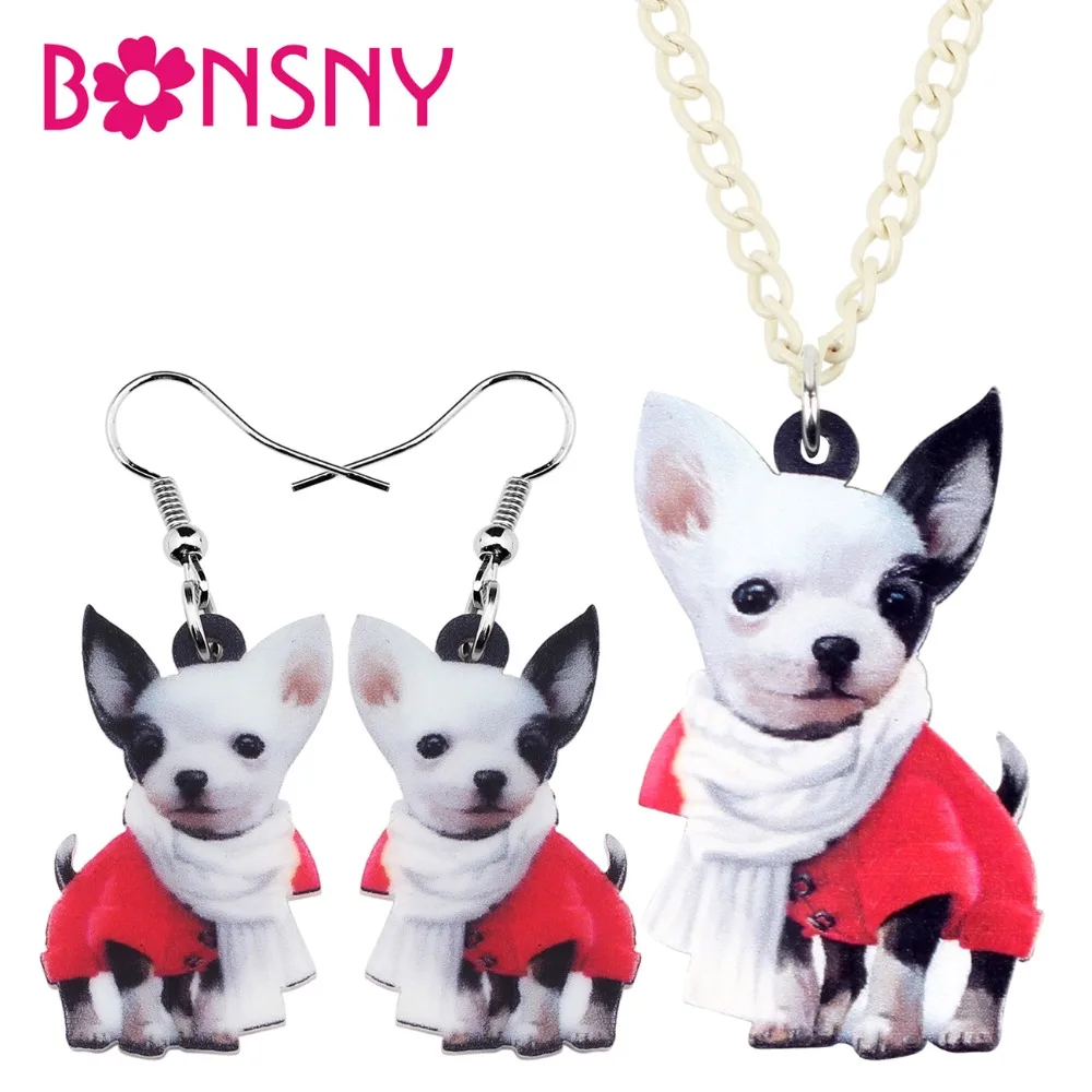 

Bonsny Acrylic Jewelry Sets White Scarf Chihuahua Dog Necklace Earrings Fashion Pendant For Women Girls Gift Decoration NE+EA