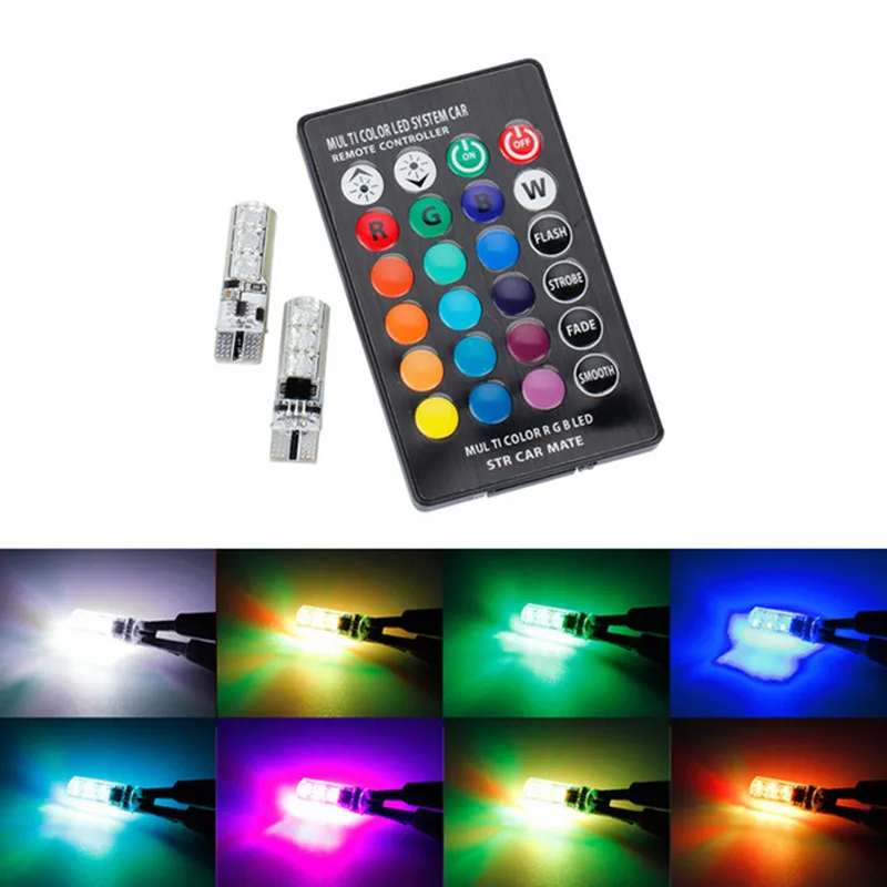 

1 комплект RGB T10 W5W Светодиодные Габаритные фонари для автомобиля SMD RGB T10 Led 194 168 лампочка с дистанционным управлением ширина внутреннего осве...