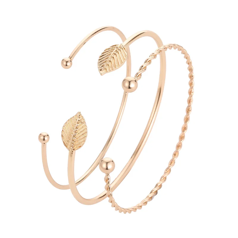 

Simple Style Volution Smooth Two Small Tree Leaves Golden Alloy Open Elegant Bangles For Women