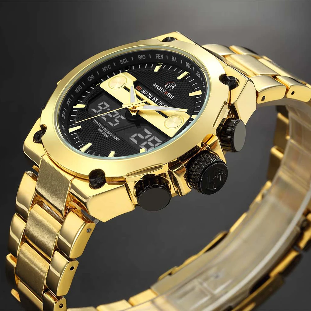 Reloj Hombre GOLDENHOUR роскошные золотые мужские часы erkek kol saati автоматический дисплей