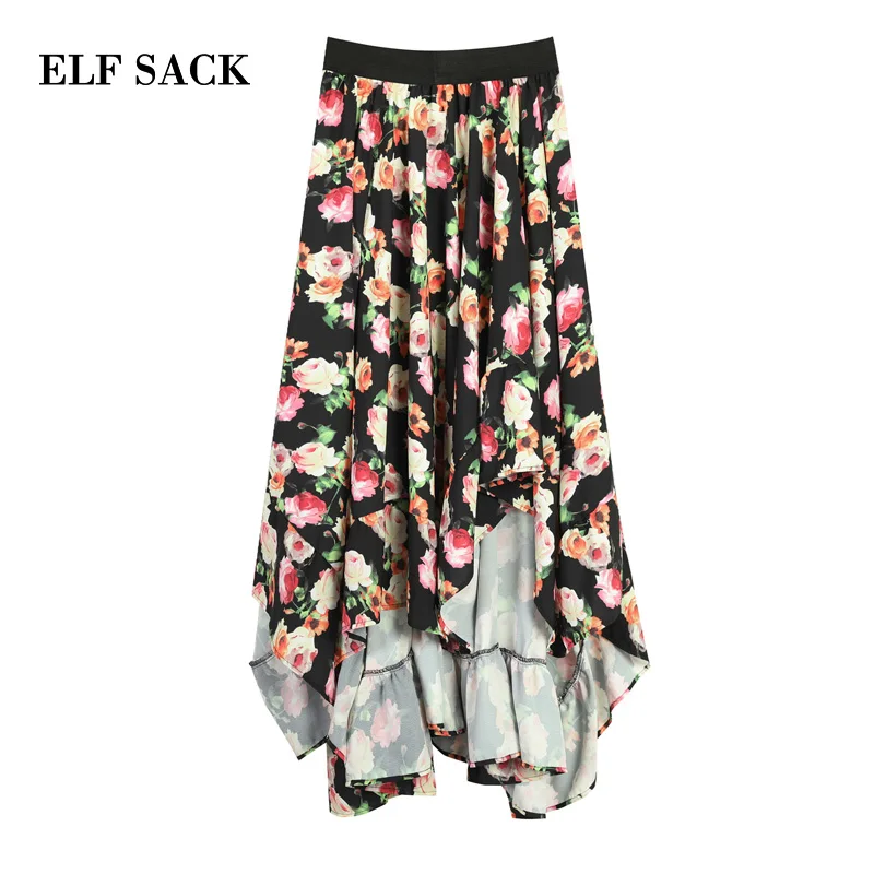 

ELFSACK Floral Print Irregualr Hem Casual Woman Mid-Calf Skirt 2020 Autumn ELF Vintage Streetwear Korean Femme High Wasit Bottom