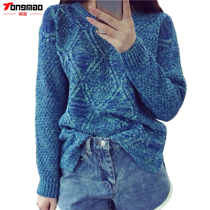2016 Autumn and Winter Sweater Solid Color Casual Argyle O-Neck Long Sleeve Pullover Loose Elastic Fashion Knitted Sweaters | Женская