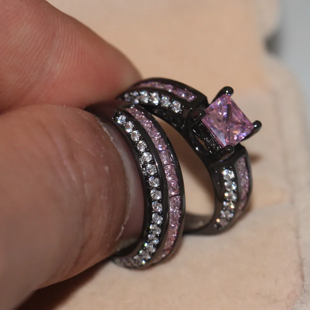 Victoria Wieck Handmade wedding band rings Set for women 5A Pink Zircon stone Cz 10KT Black Gold Filled Female Anniversary Ring | Украшения