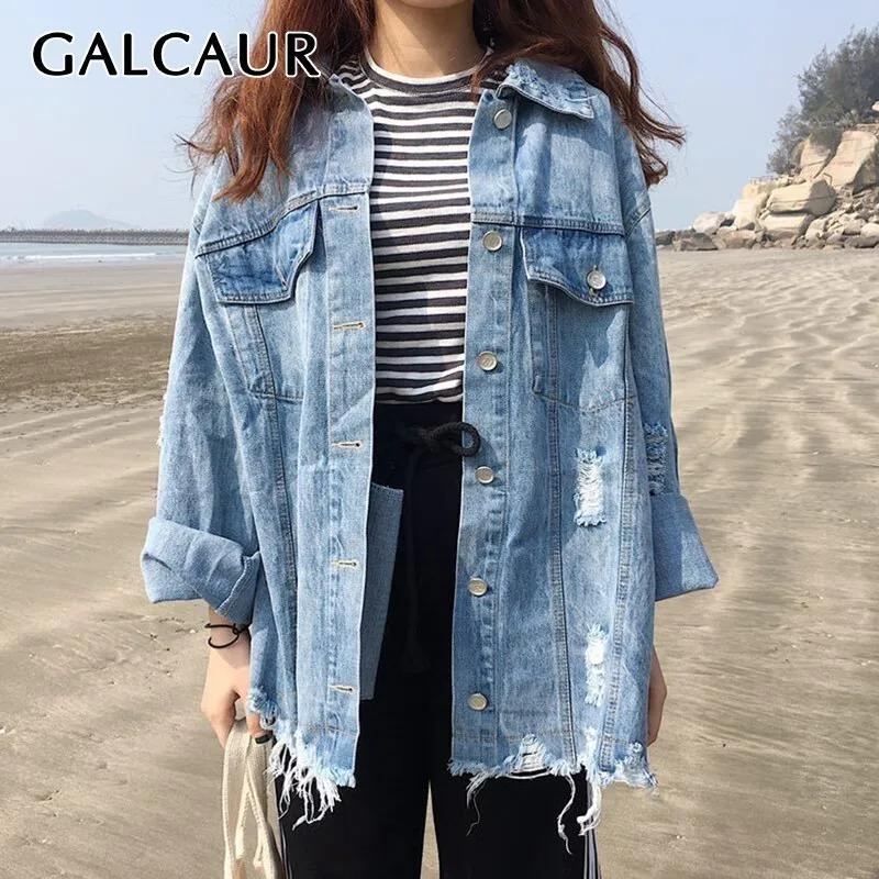 Женская джинсовая куртка с длинным рукавом GALCAUR летняя отложным воротником и