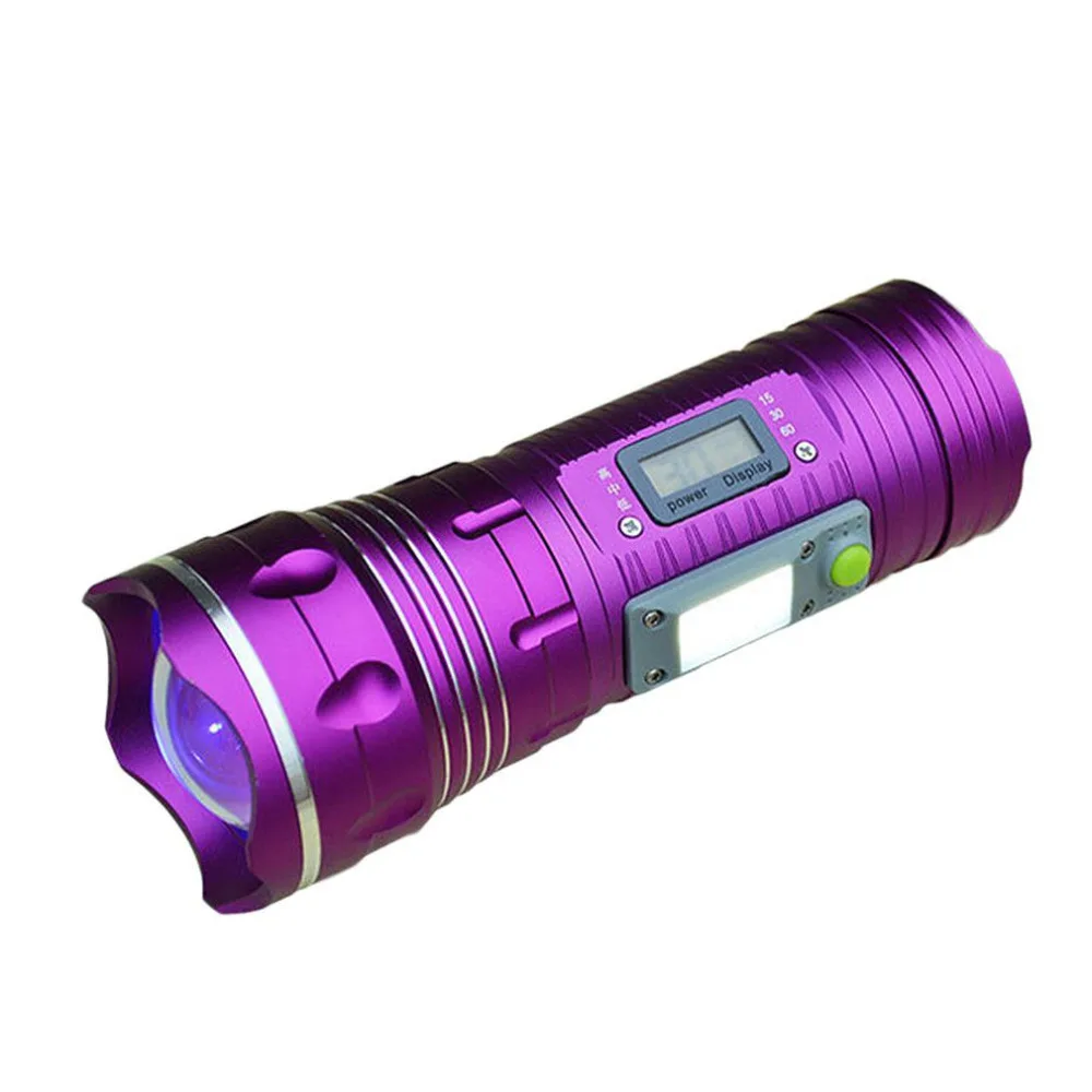 Rechargeable Zoom LED Flashlight 3 Mode Adjustable Focus Night Fishing Light LCD Display Torch Lamp Purple/Blue/White | Лампы и