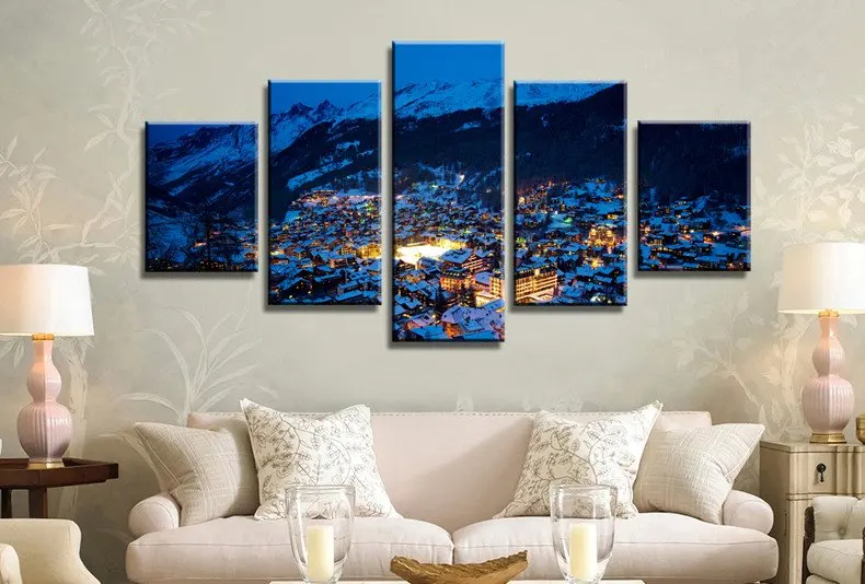 Снежная Яркий Ночь Холст Настенная Живопись Искусство 5 Шт. Печать Home Decor Picture Panels