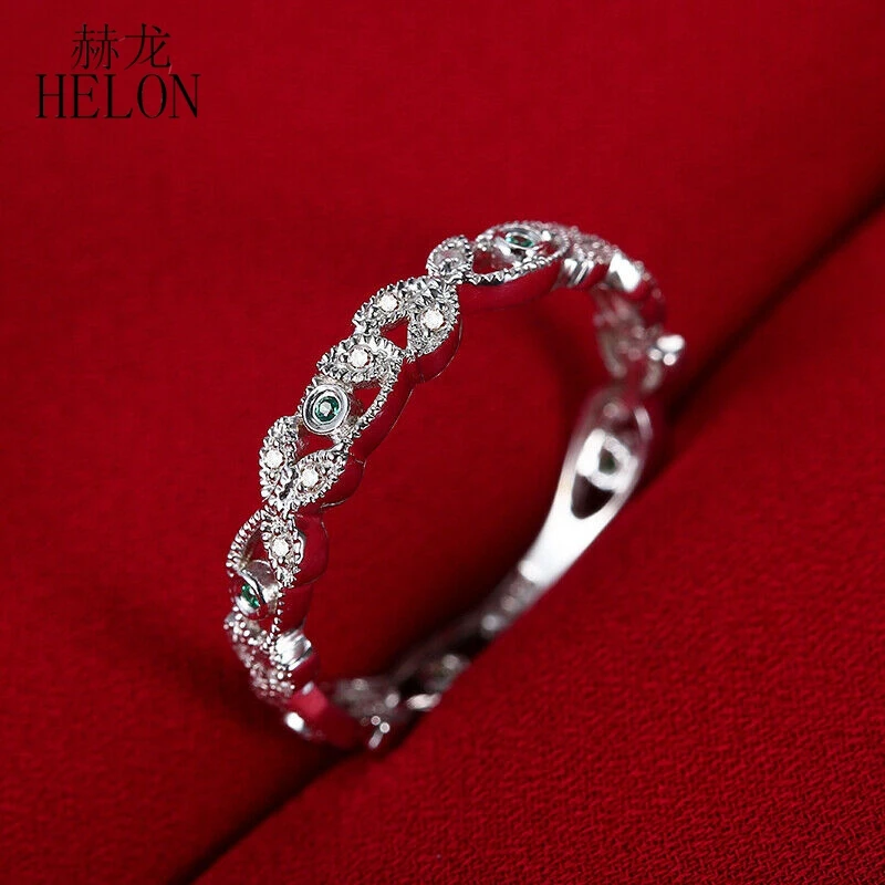 HELON Solid 14K(AU585) белое золото 0.2CT натуральные бриллианты изумруд тонкой свадьбы юбилей кольцо женские модные праздничные ювелирные изделия