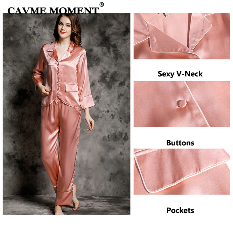 CAVME 2019 Summer Plus Size Silk Pajama Sets for Women Ladies Luxury Pyama Set 2 Pieces Full Sleeve Homeclothes Sleepwear