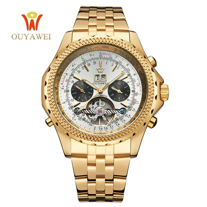gold white OUYAWEI, мужские деловые часы, люксовый бренд, деловые автоматические полые турбийон, мужские часы с датой, наручные часы, Relogio Masculino - Цвет: gold white