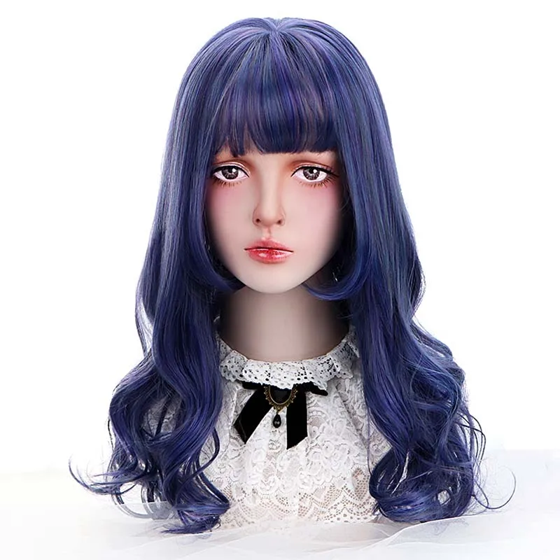 

22"Synthetic Hair Blue Long Wave Lolita Wigs With Bangs Cosplay Party Wigs For Women Japan Harajuku Lolita Wigs Heat Resistant