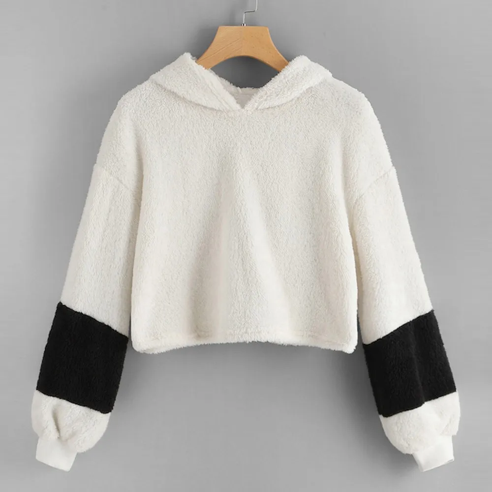 Womens Long Sleeve Faux Fur Embellished Hooded Sweatshirt Pullover Tops Blouse korean style women Sudadera mujer #3 | Женская одежда