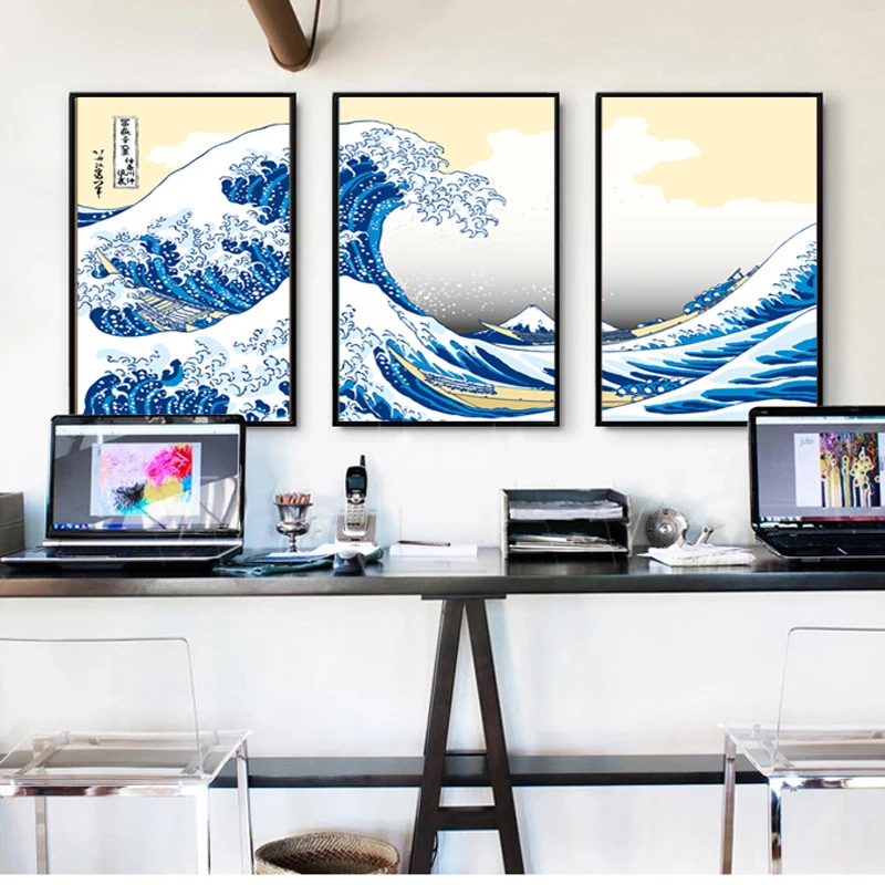 Японские картины Kanagawa Katsushika Hokusai 3 шт. Картина на холсте Постер украшение дома