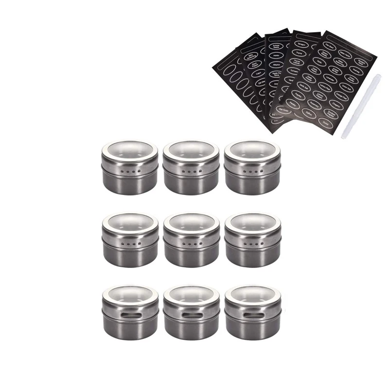 9 Pcs TPUSNOK с магнитным дном для специй баночки из нержавеющей стали с магнитным дном для специй Tins кухонная емкость для приправ контейнеры для хранения с метка для этикетки TPA79 - Цвет: 9 Pcs