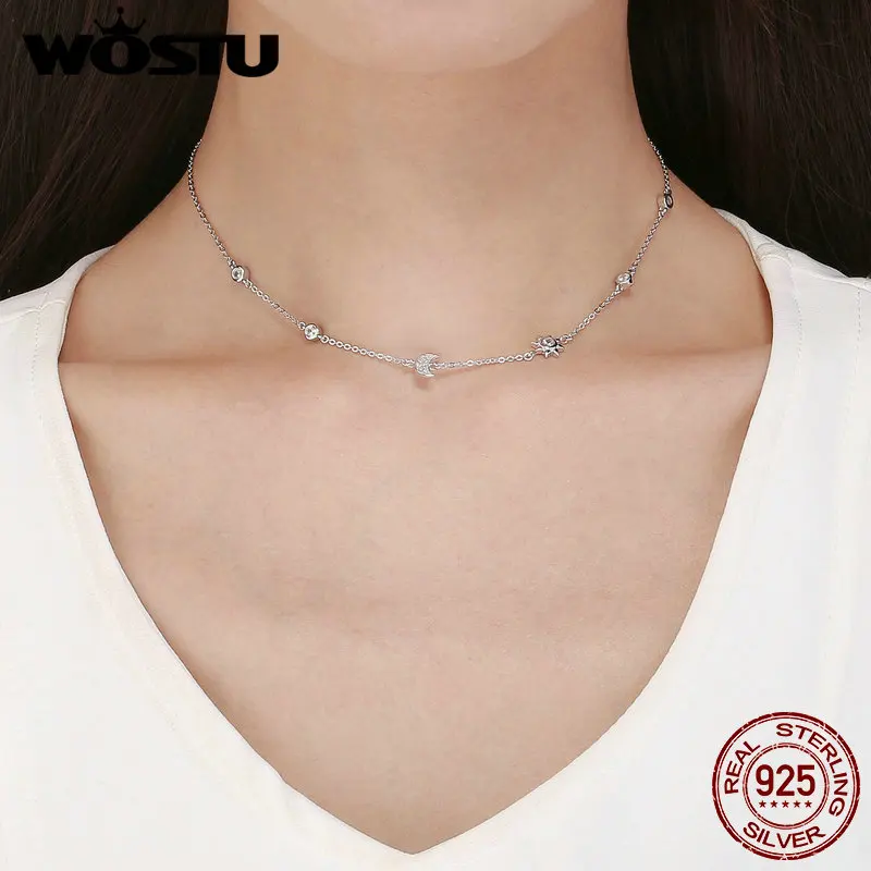 

WOSTU Real 925 Sterling Silver Sparkling Moon and Star Exquisite Pendant Choker Necklace For Women Jewelry Gift FIN272