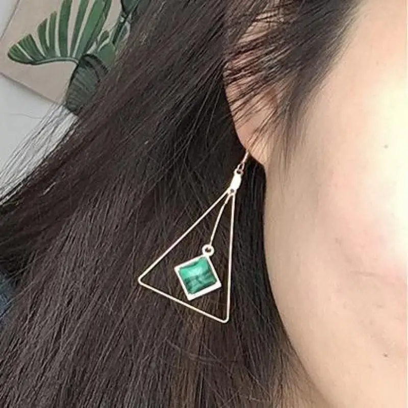 Big Geometric Triangle Green Gem Drop Earrings for Women - Dangle Earrings, Female Jewelry by Brincos image 2