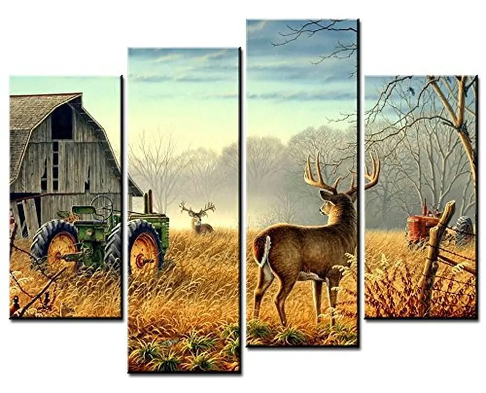 

Framed 4Pcs/Set Animal Deer Family with Pine Forest Canvas Art Print Painting Poster Wall Picture for Home Decoration Home Decor