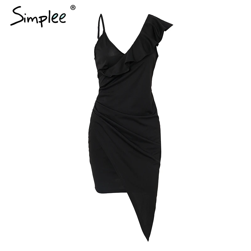 Летнее женское облегающее платье Simplee с ремешком обтягивающее черное эластичное