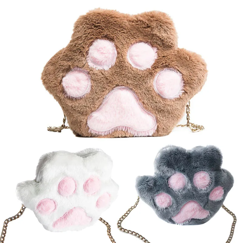 

Fashion Autumn Winter Sweet Girl Shoulder Bag Casual Plush Cute Cat Paw Metal Chain Messenger Bags Popular Lady's Bag Sac A Main
