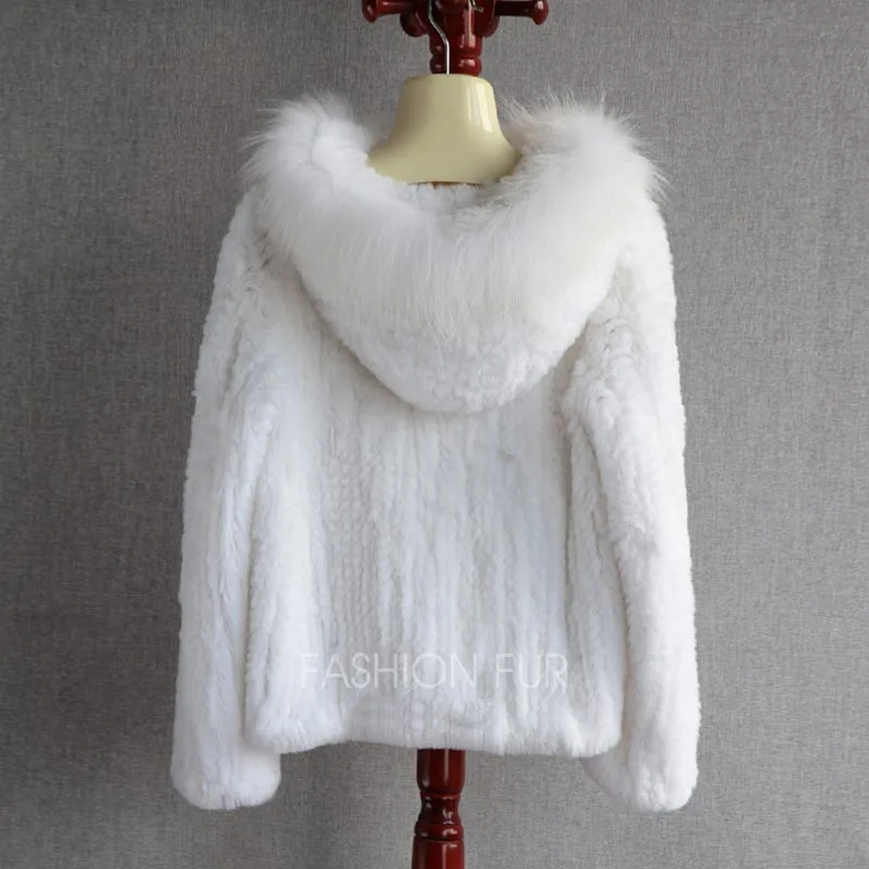 White Новинка, Модный женский капюшон, настоящий мех кролика, вязаное пальто, куртка, кардиган, зимняя теплая верхняя одежда, YH212 - Цвет: White