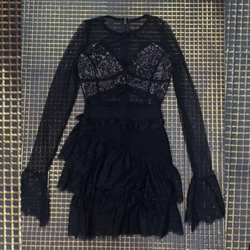 Женское Сетчатое платье с длинным рукавом Элегантное Черное вечернее