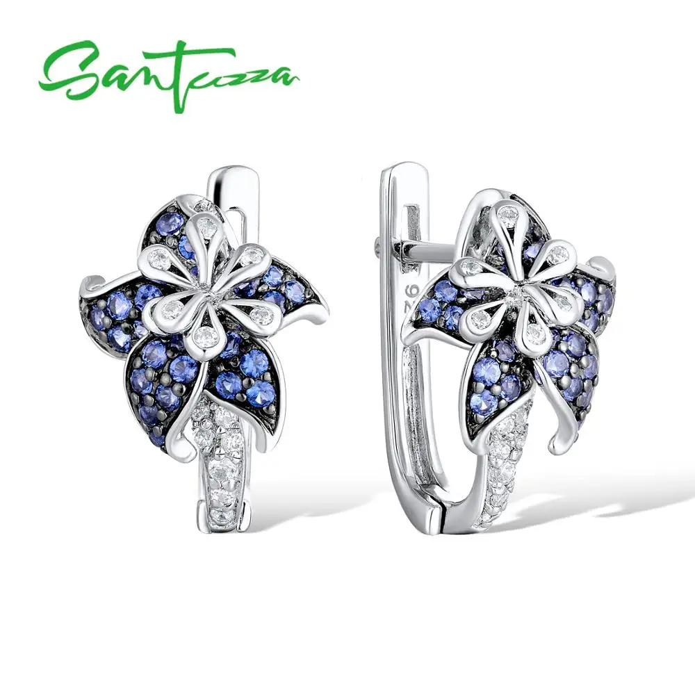 SANTUZZA, серебряные серьги для женщин, чистый 925 пробы, серебро, синяя звезда, цветок, кубический цирконий, Сержи женски, модные ювелирные изделия