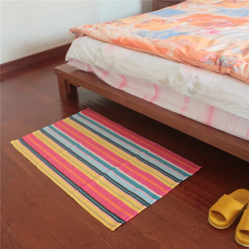 Nordic Literary Art Gray white Plaid Small Area Rug Grid Handmade Cotton Carpet Entry Door Balcony Bedroom Bedside Stripe Mat | Дом и сад