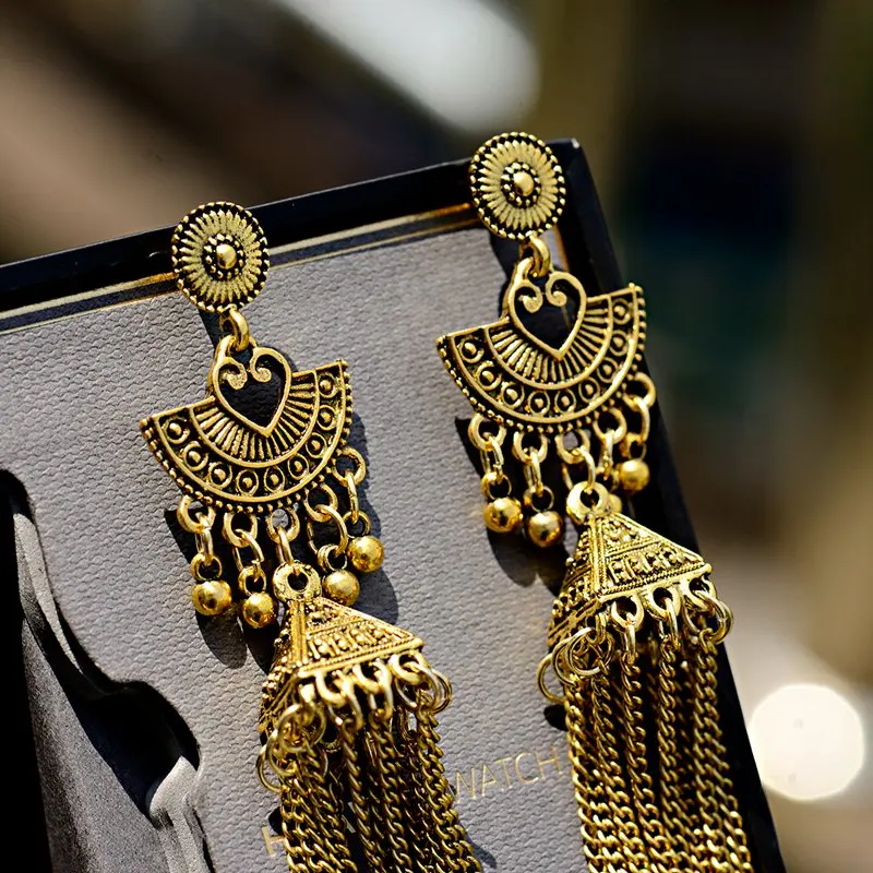 Классические женские Jhumka Jhumki золотые индийские серьги Модные ювелирные изделия богемский Цыганский Длинное украшение с кисточкой Афган Египетский турецкий