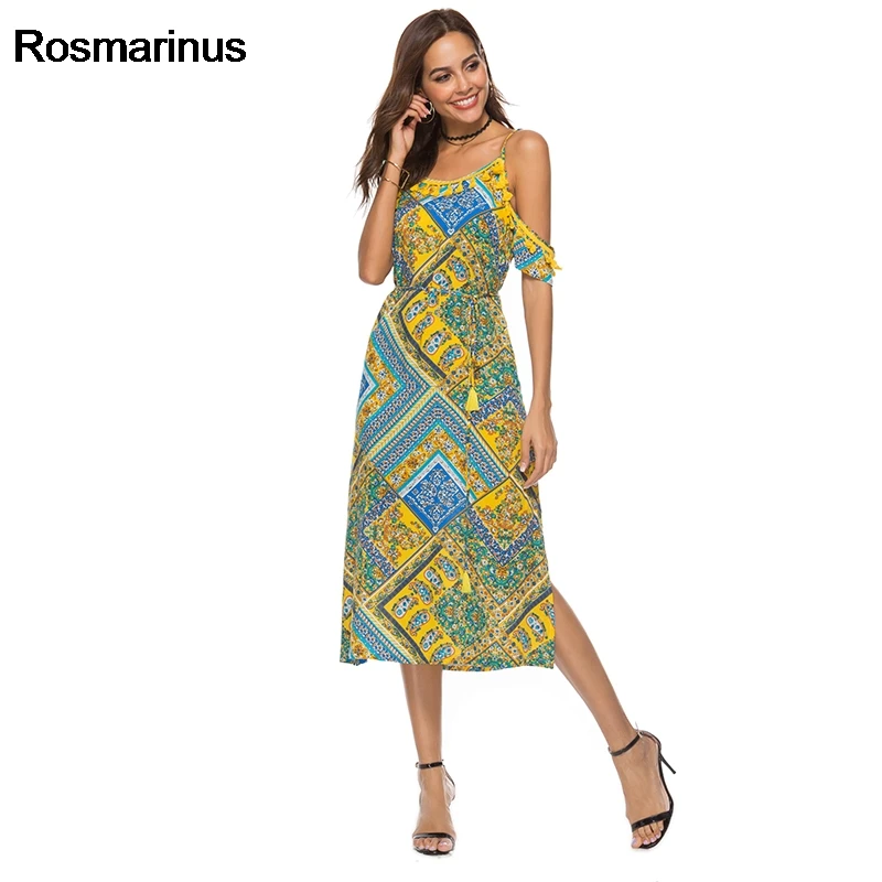 Rosmarinus Boho пляжное платье желтого цвета с ретро принтом винтажное богемное Платье