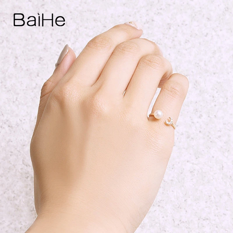 BAIHE Solid 14K желтое золото 5 мм безупречный пресноводный жемчуг для помолвки женские