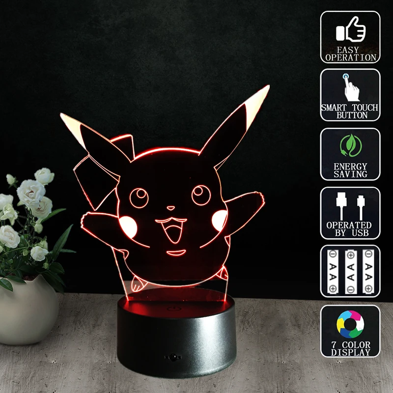 Luminaria Led ночник Pokemon Pikachu настольная лампа 3D Визуальный Veilleuse изменение цвета bulbing