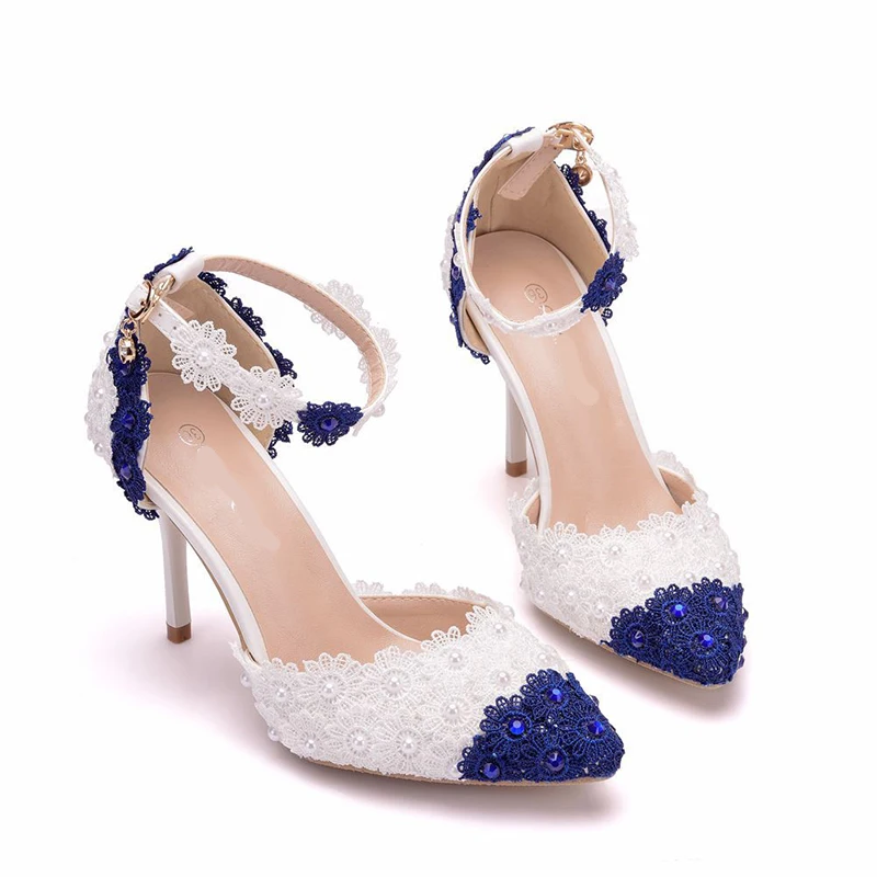 Сине белые кружевные цветочные сандалии 9 см свадебные и праздничные туфли с