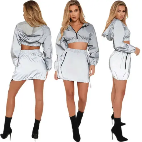 

Women Hoodie Zipper Crop Top + Mini Skirt 2pcs Outfit Sets Long Sleeve Tops Pocket Skirts Woman Summer Casual Clothes Streetwear