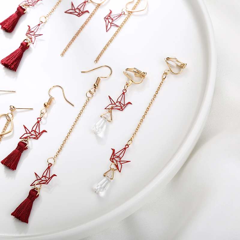 8 Kinds Red Paper Crane Little Tassels Long Chain Shiny Crystal Love Heart Dangle Earrings Golden Drop For Women | Украшения и