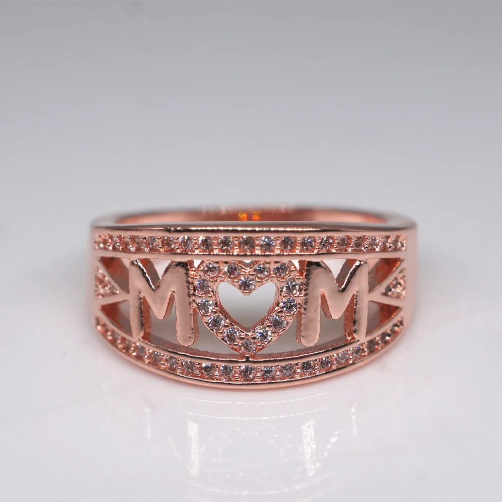Hot Sale Mother's Day Gift Stamped Letter MOM for Mom Rings Gold Plating White Gold/Gold/Rose Color Zircon Heart Ring | Украшения и