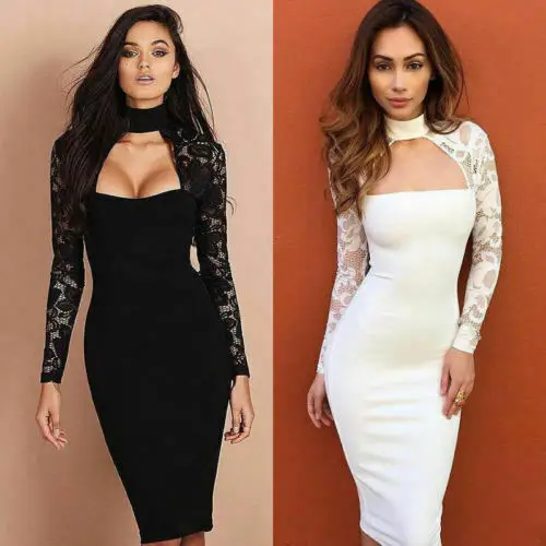 Sexy Lace Hollow Women Ladies Dresses Long Sleeve Bandage Bodycon White Evening Party Solid Color Dress | Женская одежда